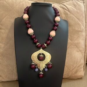 Vintage Boho Egyptian Cranberry Colored Beads Goldtone Large Pendant Necklace